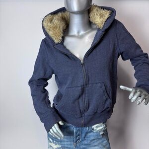 Faux-Fur Hood Vintage Y2K Blue Hoodie
